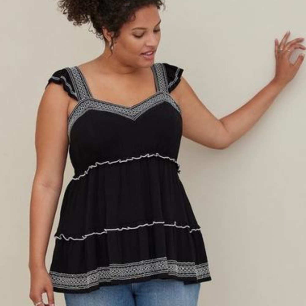 Torrid Babydoll Crinkle Gauze Embroidered Tiered Top